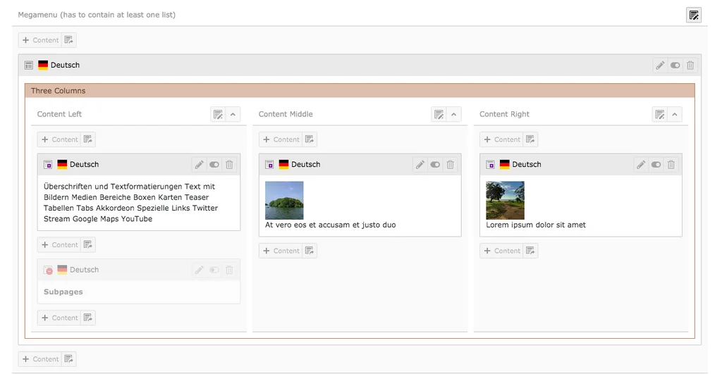 TYPO3 Backend Content Area Column MegaMenu