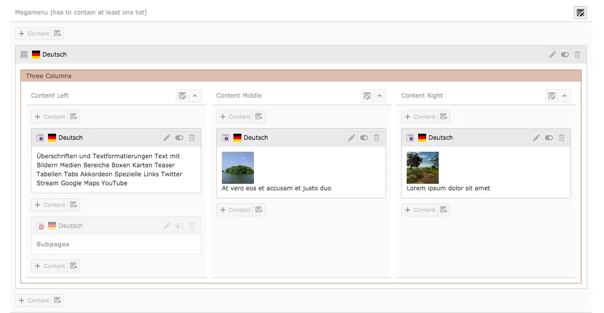 TYPO3 Backend Content Area Column MegaMenu