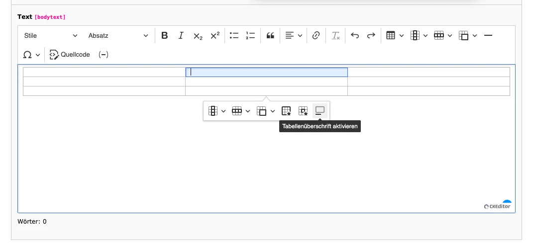 TYPO3 CKEditor Rich Text Editor Tabellenüberschrift aktivieren
