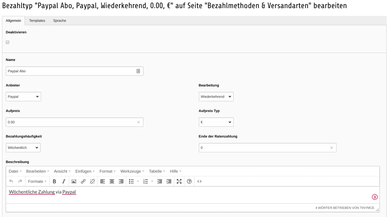 TYPO3 Shop Backend Module Orders Payment method