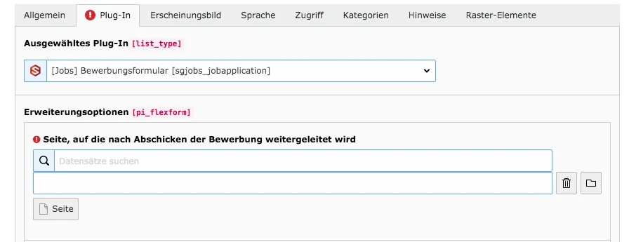 TYPO3 Bewerbungsformular Reiter Plug-In Warnung