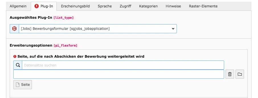 TYPO3 Bewerbungsformular Reiter Plug-In Warnung