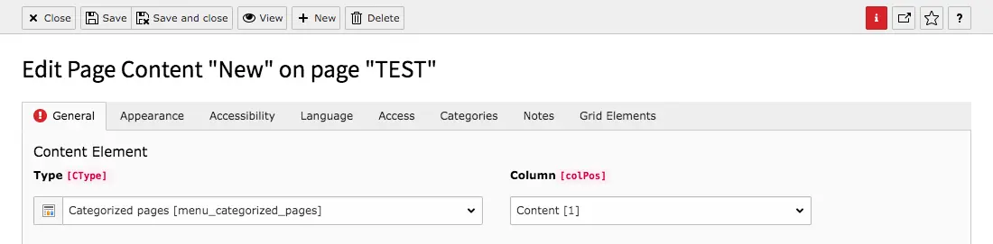 TYPO3 Content Element Menu Categorized Pages Backend Warning