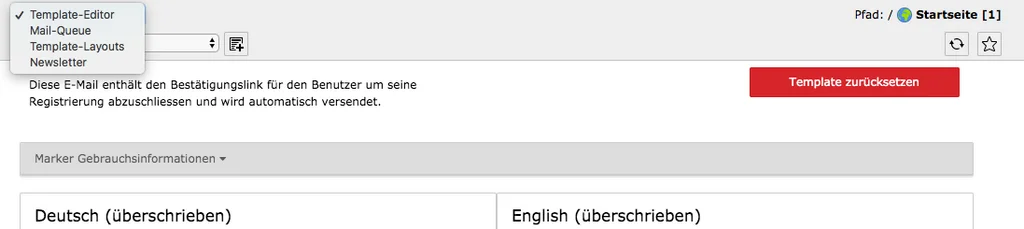 TYPO3 Modul Mail-Templates Funktionsbereiche