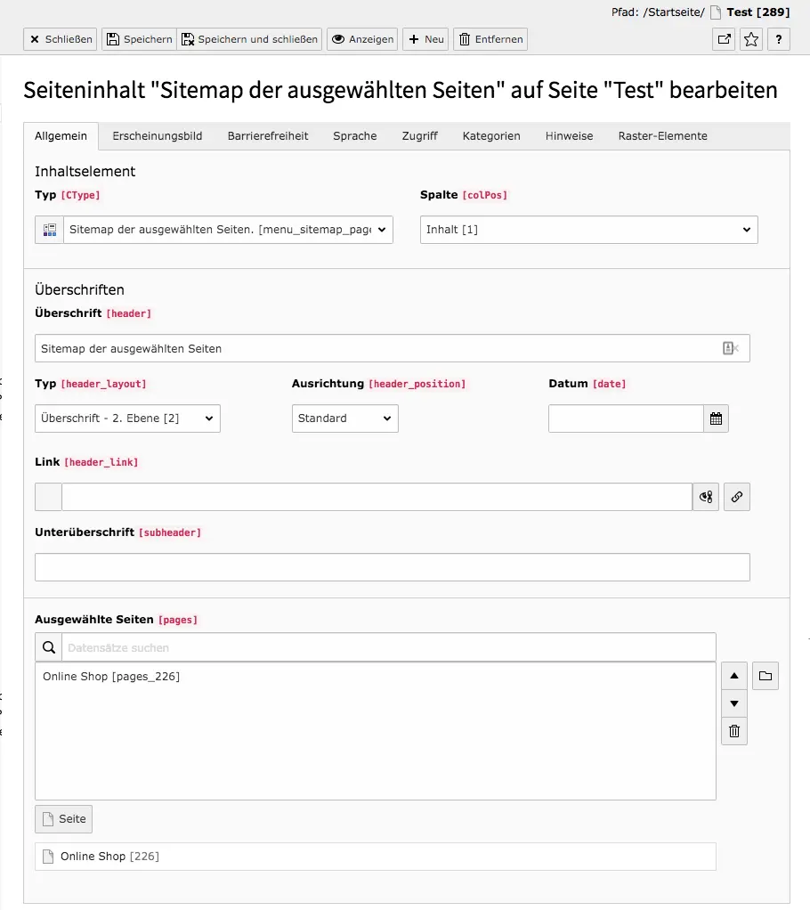 TYPO3 Sitemap der ausgewählten Seiten Reiter Allgemein