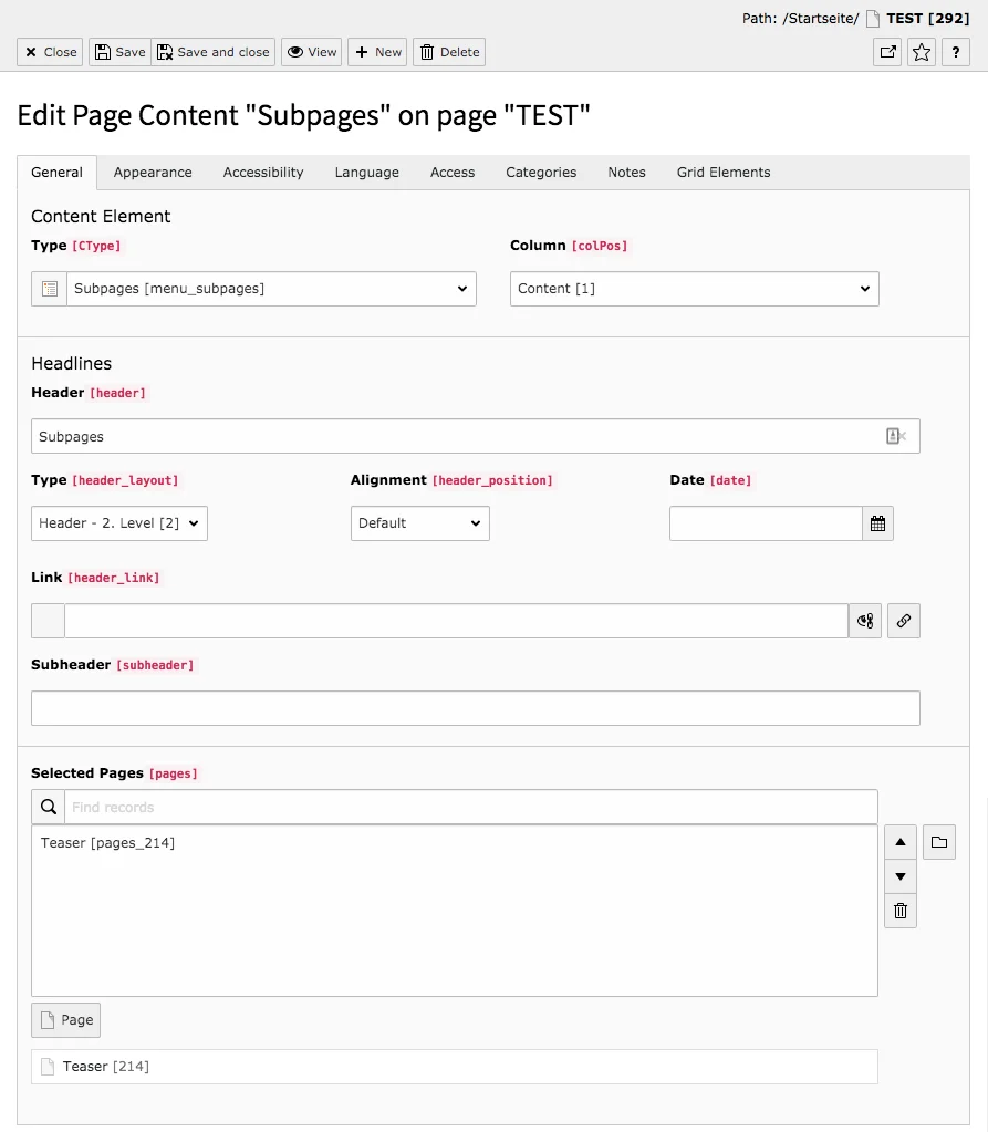 TYPO3 Content Element Menu Subpages Backend Tab General