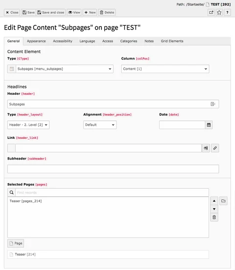TYPO3 Content Element Menu Subpages Backend Tab General