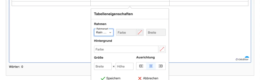 TYPO3 CKEditor Rich Text Editor Tabelleneigenschaften