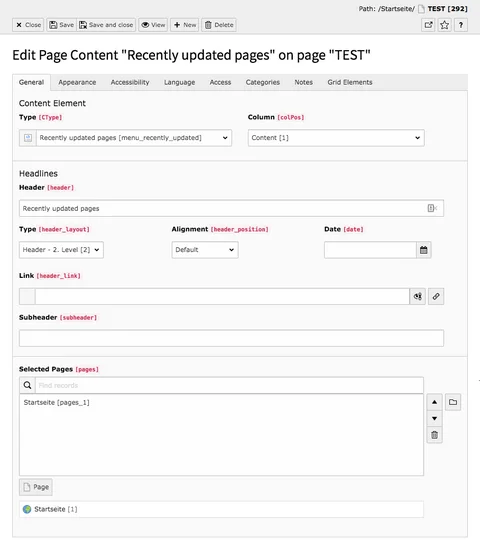 TYPO3 Content Element Menu Recently updated pages Backend Tab General