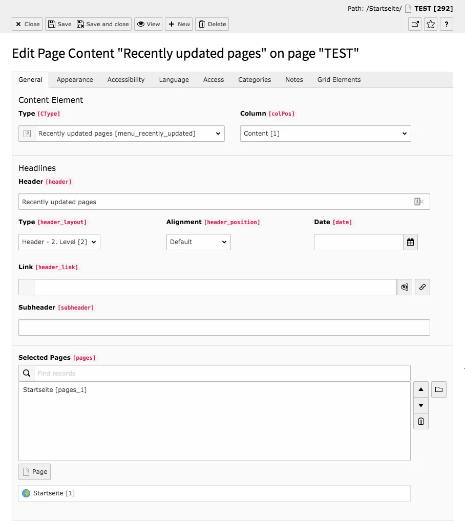 TYPO3 Content Element Menu Recently updated pages Backend Tab General
