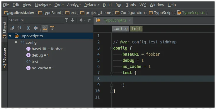 The nesting of the TS code can be displayed clearly as breadcrumbs and in the specification tree