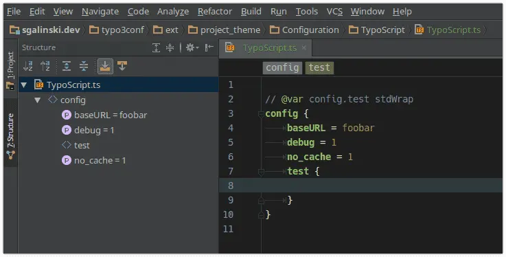 The nesting of the TS code can be displayed clearly as breadcrumbs and in the specification tree