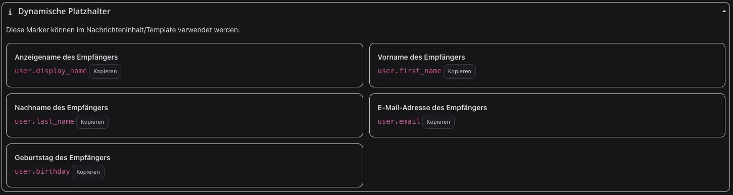 UI-Panel mit dynamischen Platzhaltern für Empfänger: Name, E-Mail, Geburtstag mit Kopier-Buttons.