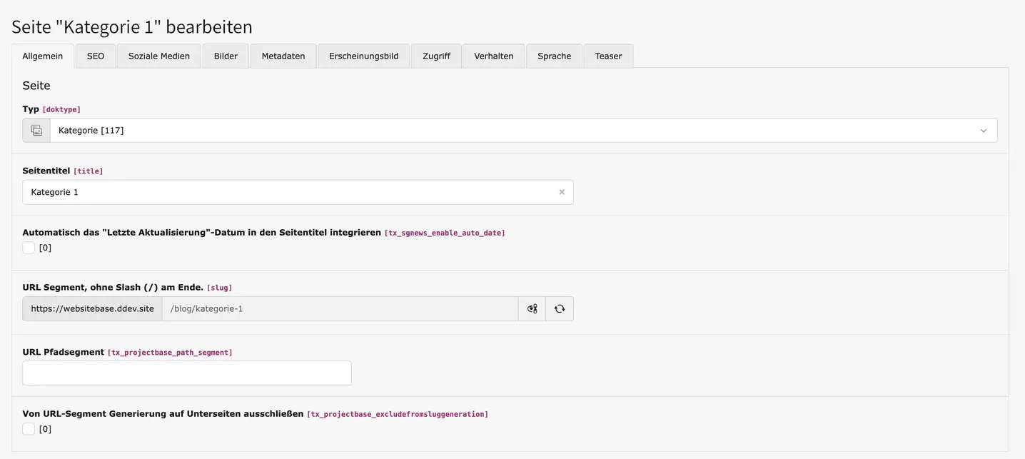 TYPO3 Seiteneigenschaften Kategorie Seite Reiter Allgemein