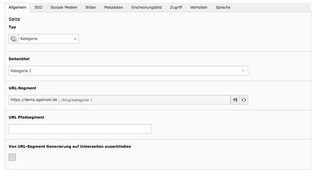 TYPO3 Seiteneigenschaften Kategorie Seite Reiter Allgemein
