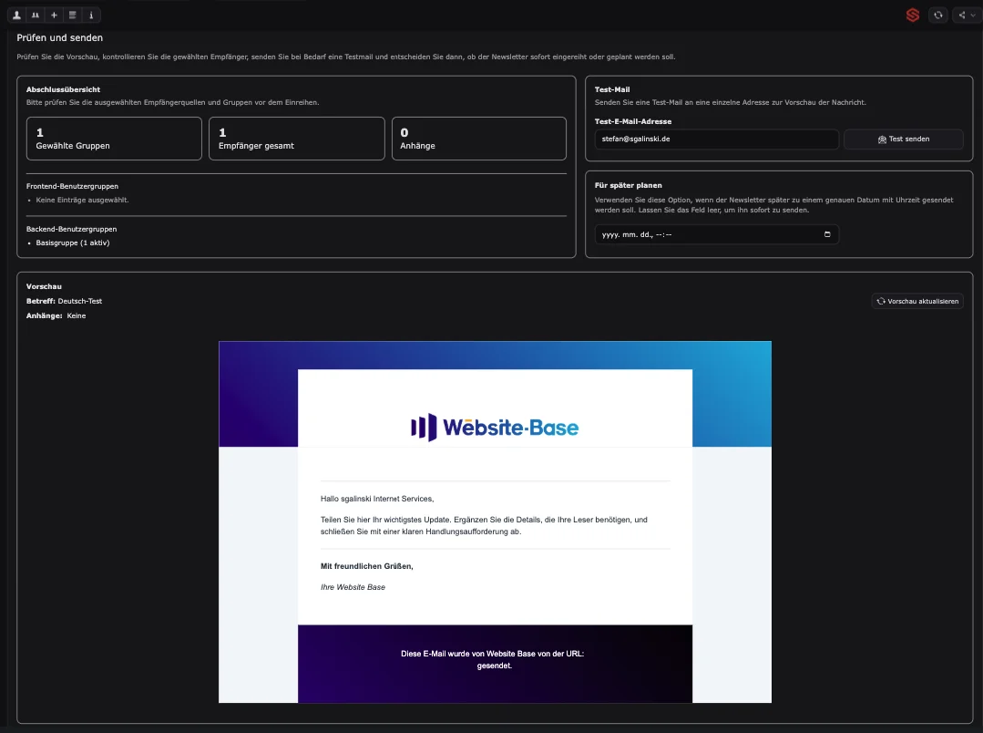 Newsletter-Dashboard mit E-Mail-Vorschau von Website-Base, Testversand und Planungsoptionen.