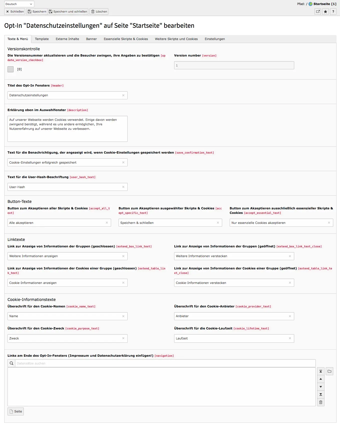 TYPO3 Cookie Consent Backend Tab Texte & Menü