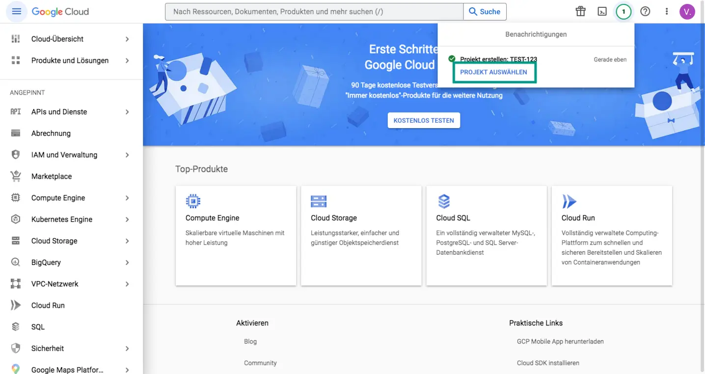 Google Cloud Console – Projekt in den Benachrichtigungen auswählen
