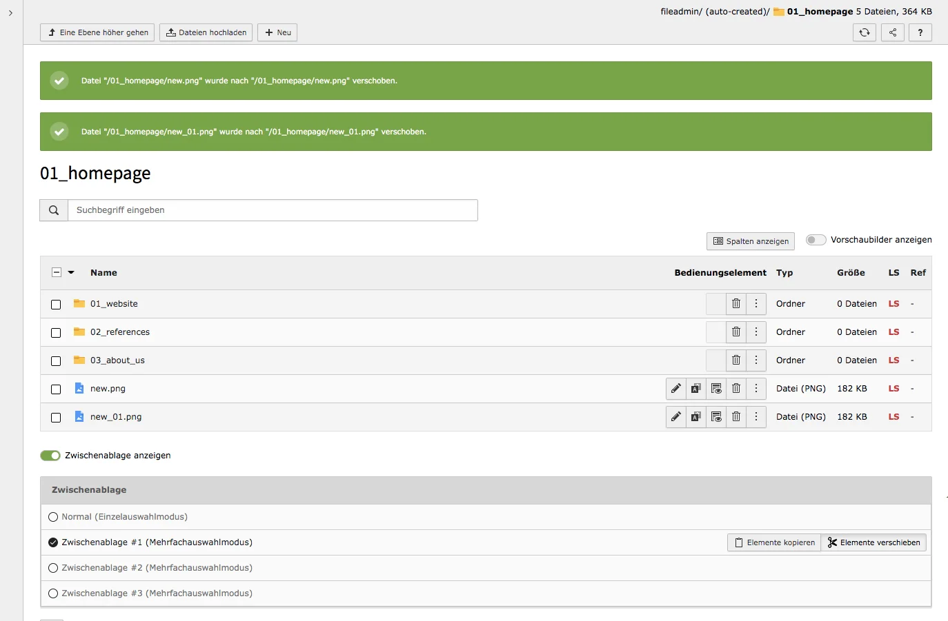 TYPO3 Modul Dateiliste Verschobene Inhalte