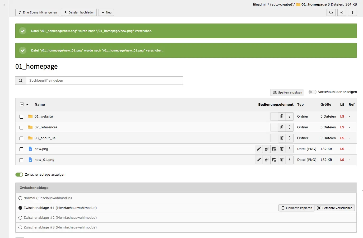 TYPO3 Modul Dateiliste Verschobene Inhalte