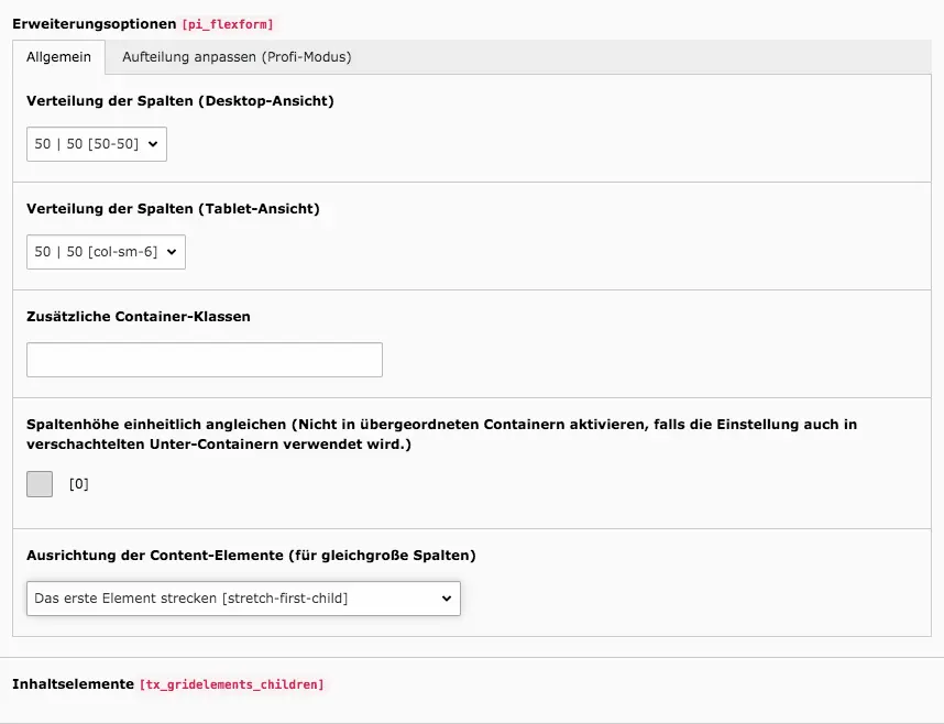 TYPO3 Inhaltselement Grid-Element 2-Spalter Backend Reiter Allgemein Verteilung der Spalten