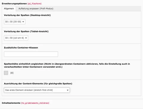 TYPO3 Inhaltselement Grid-Element 2-Spalter Backend Reiter Allgemein Verteilung der Spalten