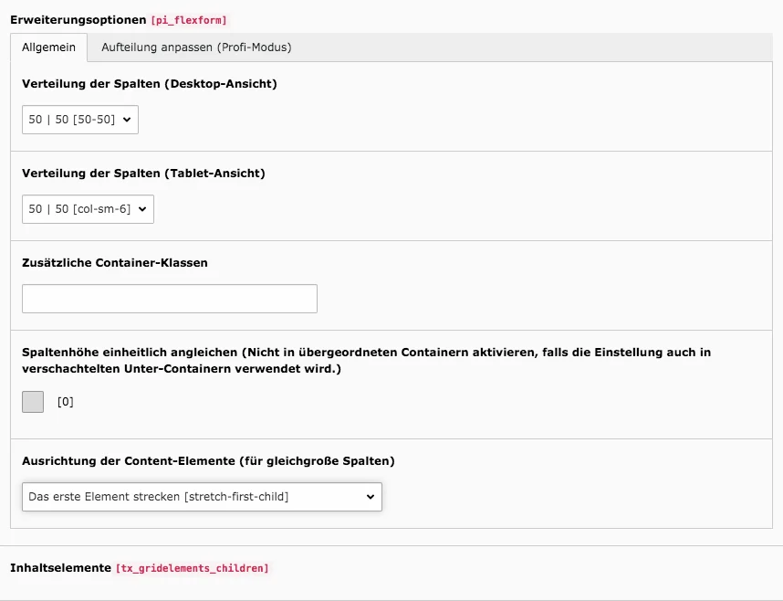 TYPO3 Inhaltselement Grid-Element 2-Spalter Backend Reiter Allgemein Verteilung der Spalten