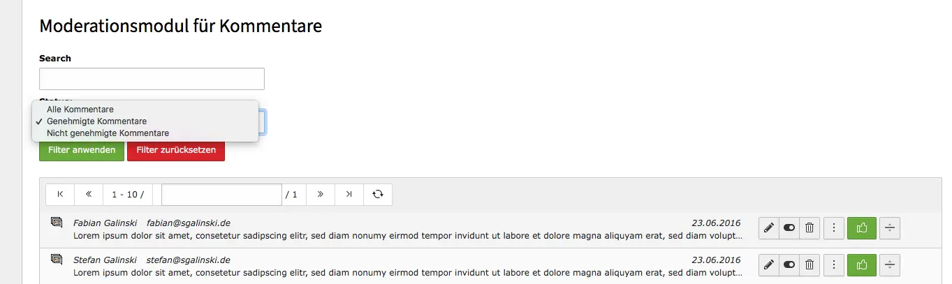 TYPO3 Modul Kommentare Status