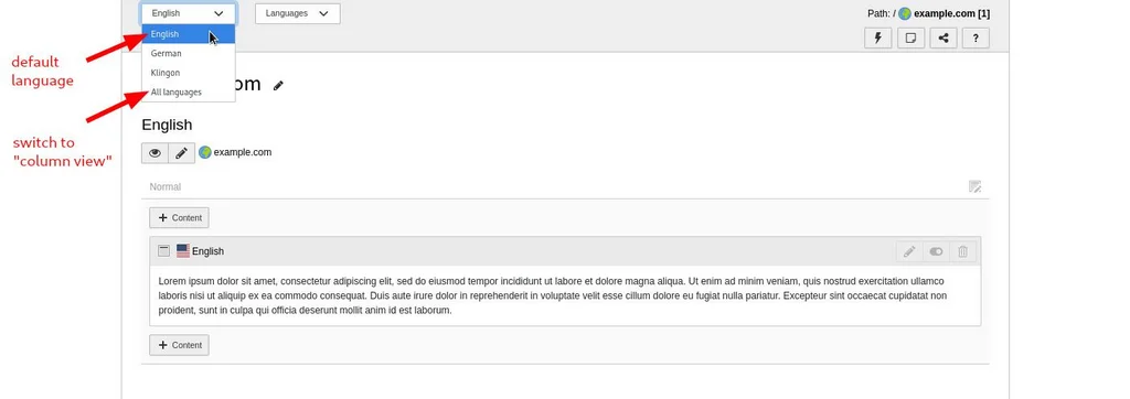 TYPO3 v11 LTS Sprachauswahl