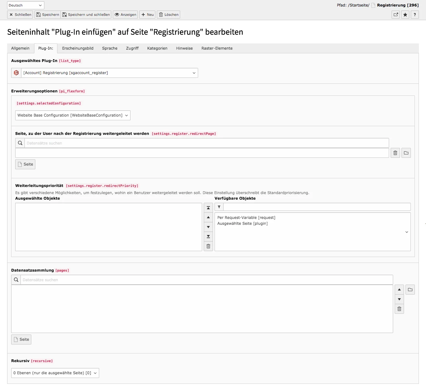 TYPO3 Account Inhaltselement Registrierung Backend Reiter Plug-In