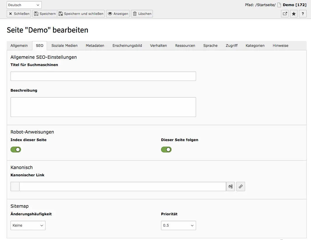 TYPO3 Seiteneigenschaften Reiter SEO