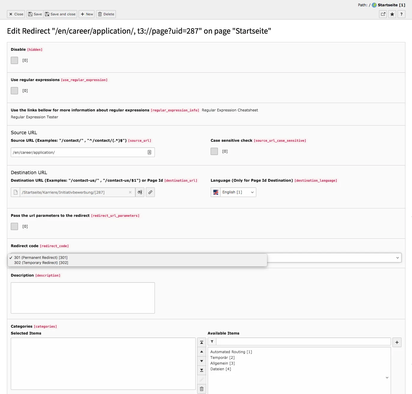 TYPO3 Backend Module Redirects Edit Redirect