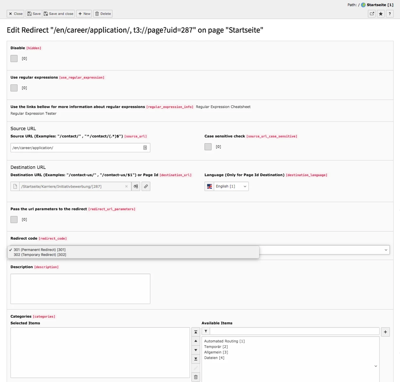 TYPO3 Backend Module Redirects Edit Redirect