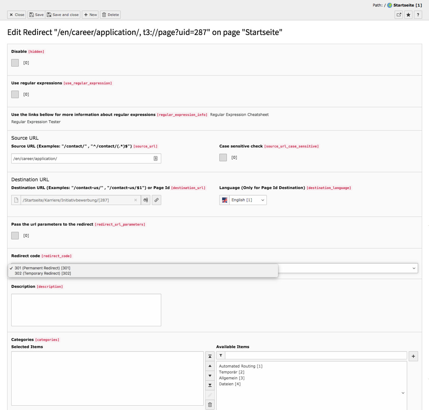 TYPO3 Backend Module Redirects Edit Redirect