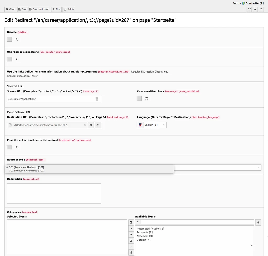 TYPO3 Backend Module Redirects Edit Redirect