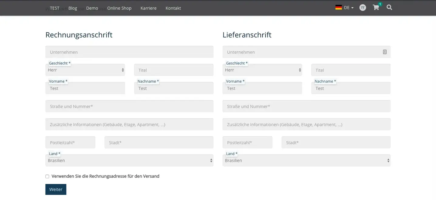 TYPO3 Content Element Shop Second Step Address selection Frontend