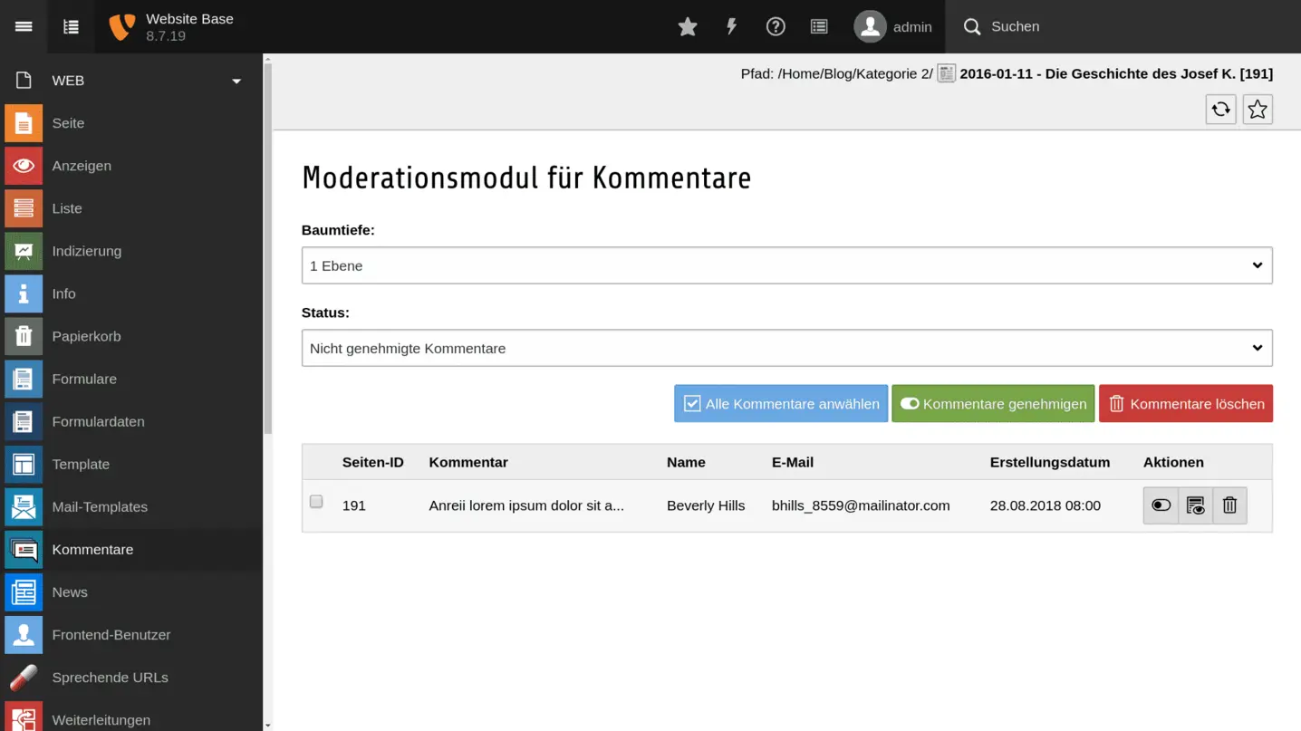 TYPO3 Backend Modul Kommentare