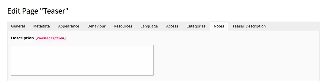 TYPO3 Edit Page Properties Tab Notes