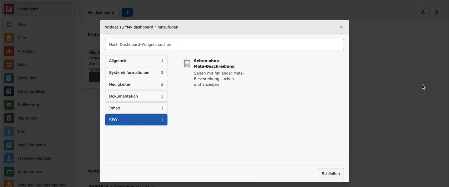 TYPO3 Backend Modul Dashboard Widget Tab SEO
