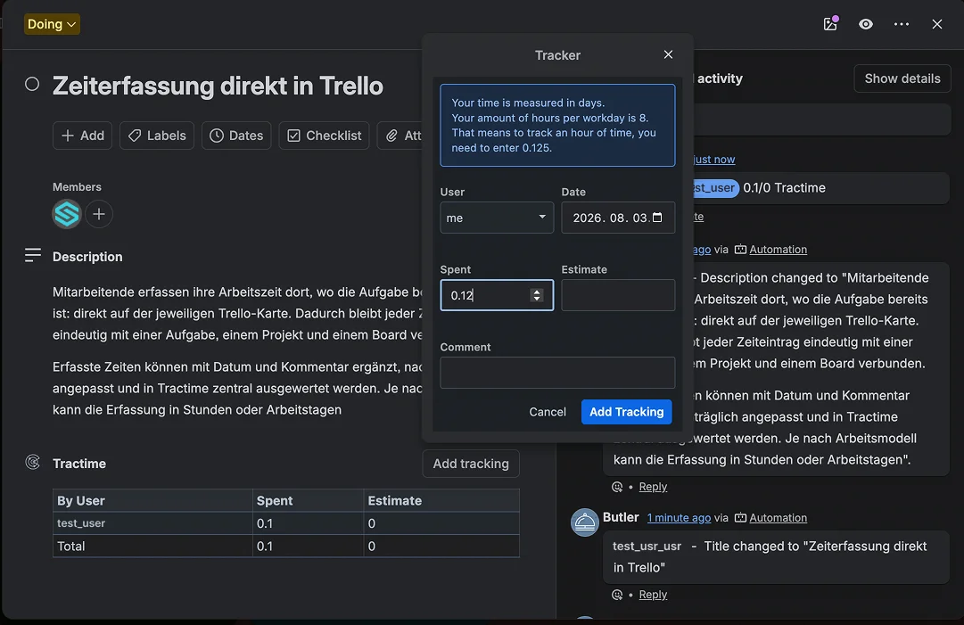 Trello with a tracker pop-up for time tracking; enter 0.12 for time spent.