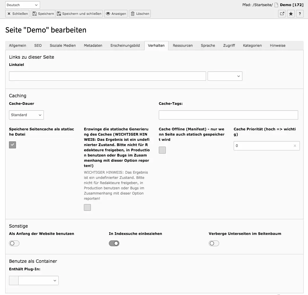 TYPO3 Seiteneigenschaften Reiter Verhalten
