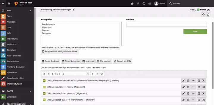 Verwaltungsoberfläche der Weiterleitungen