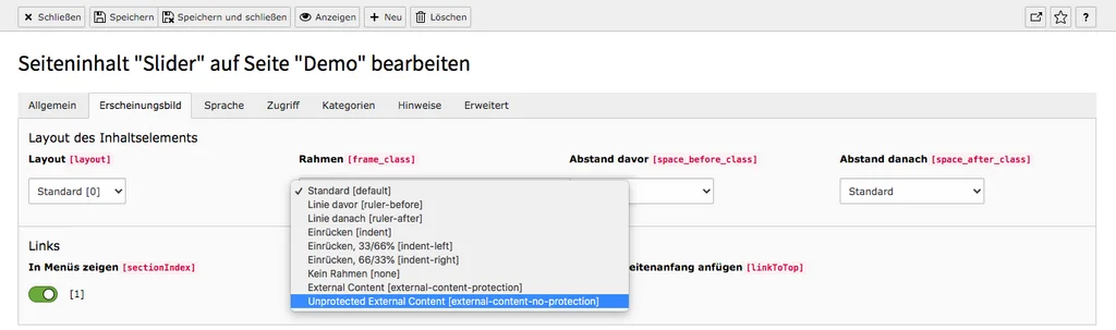 TYPO3 Inhaltselement Reiter Erscheinungsbild Ungeschützter externer Inhalt