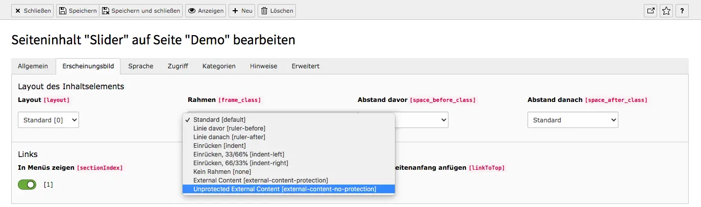 TYPO3 Inhaltselement Reiter Erscheinungsbild Ungeschützter externer Inhalt