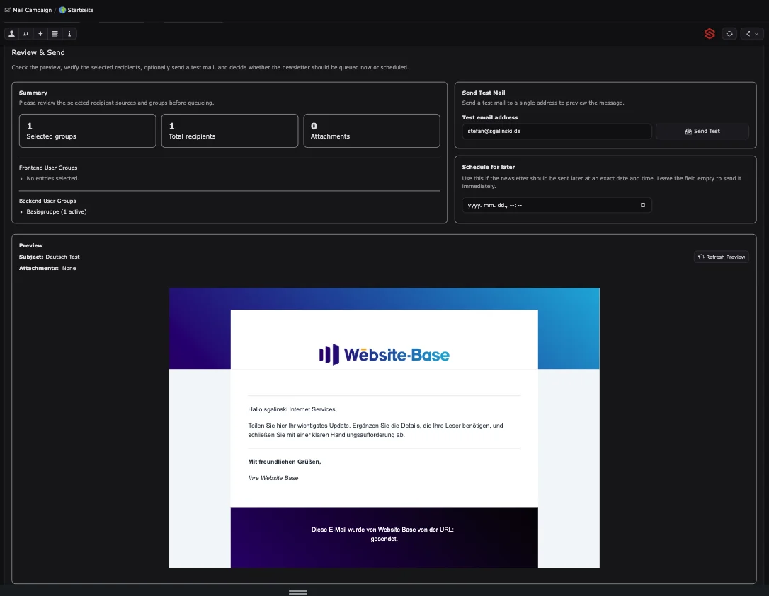 Email campaign review UI with recipient summary, test send option, schedule field, and German newsletter preview from Website-Base.