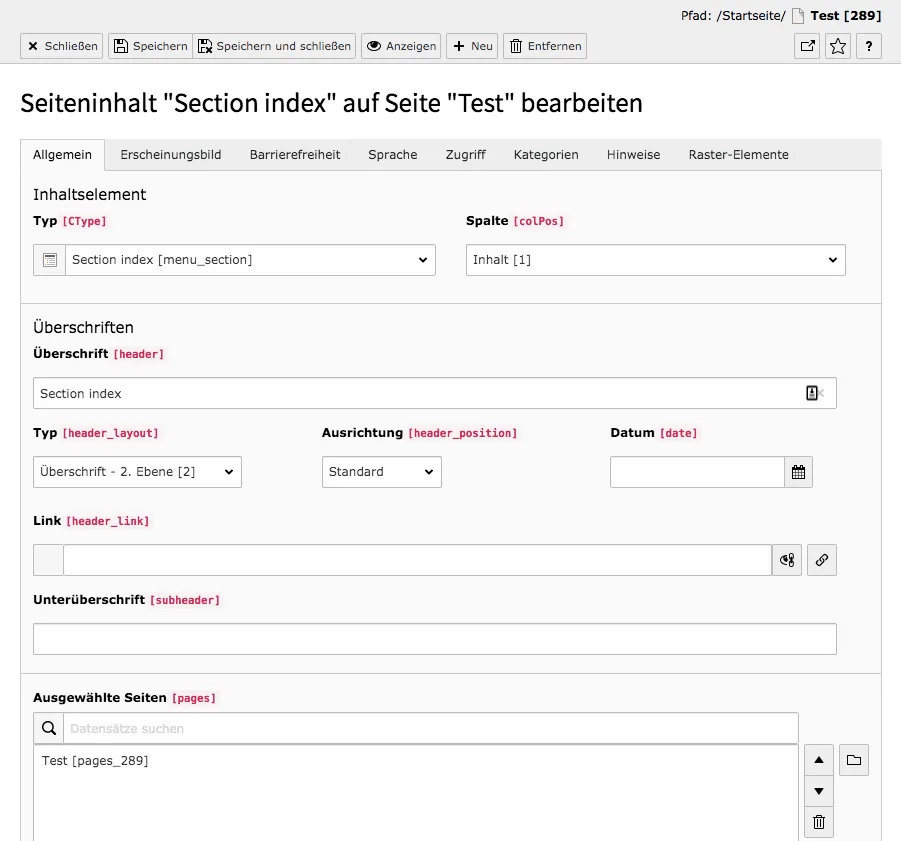 TYPO3 Menü Section Index Reiter Allgemein