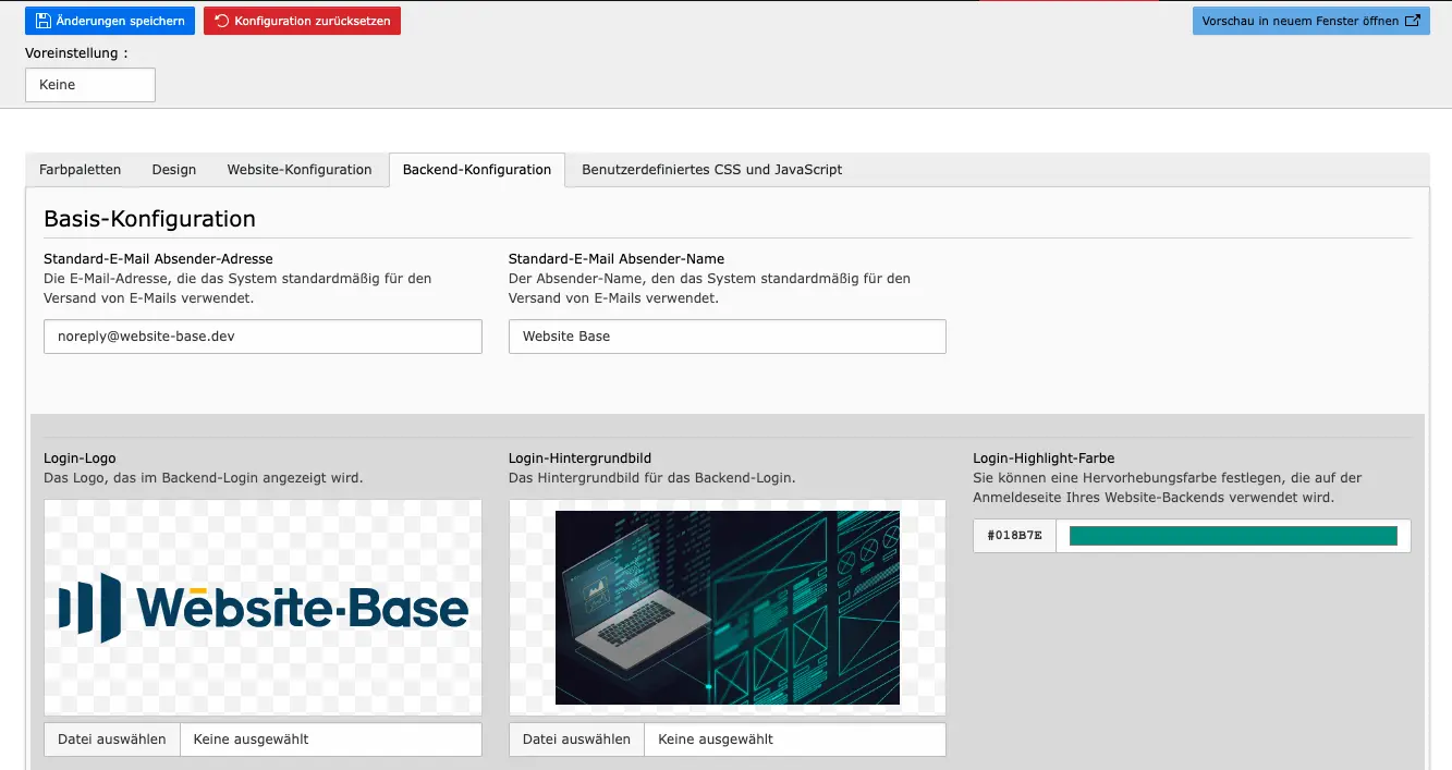 TYPO3 Modul Website-Konfiguration Tab Backend-Konfiguration