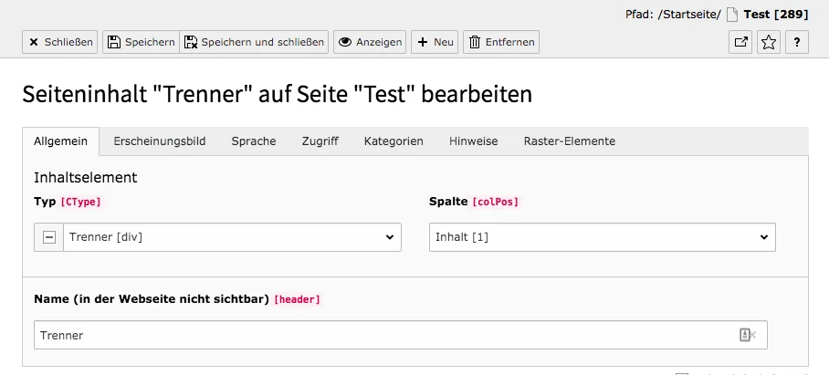 TYPO3 Besonderes Inhaltselement Trenner Reiter Allgemein