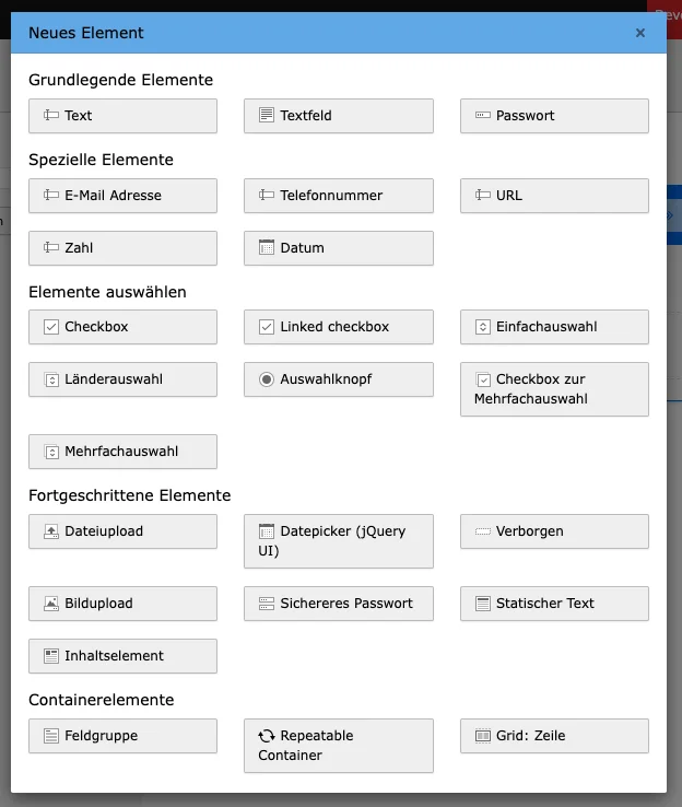 TYPO3 Backend Modul Formulare Alle Formular Elemente