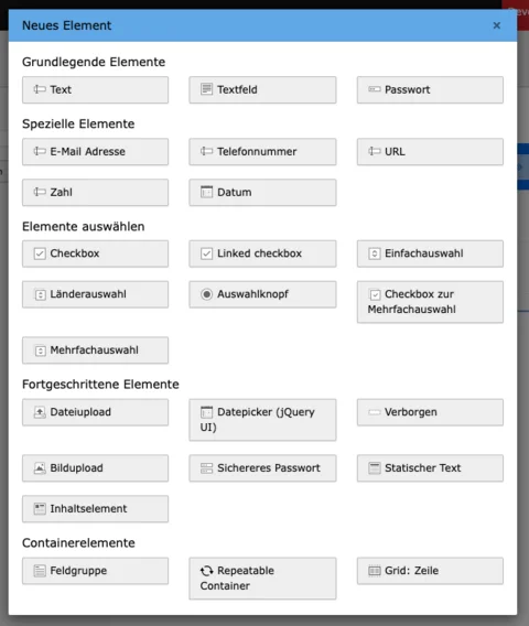 TYPO3 Backend Modul Formulare Alle Formular Elemente